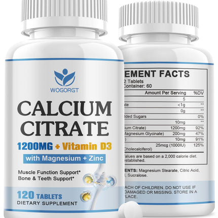 Calcium Citrate 1200mg Supplement with Vitamin D3 for Women and Men - Calcium Magnesium Zinc D3 Supplement for Bone, Teeth, Immune Support, Vegan-Friendly - 120 Tablets (2 Pack)