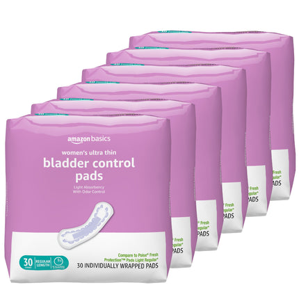Amazon Basics Women's Incontinence Pads, Postpartum, Bladder Control, Light Absorbency, Unscented, 180 Count (6 Packs of 30)