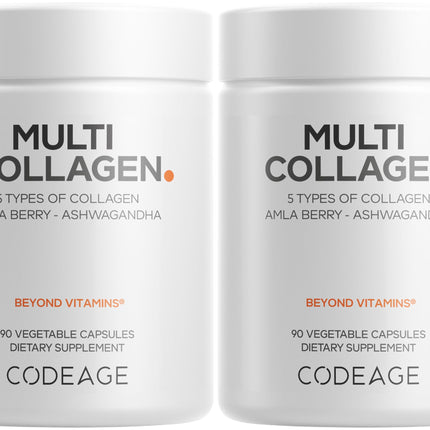 Codeage Multi Collagen Capsules – 5 Collagen Types I, II, III, V & X – Hydrolyzed Grass-Fed Bovine Protein with Ashwagandha, Amla, and Vitamins - 2-Pack