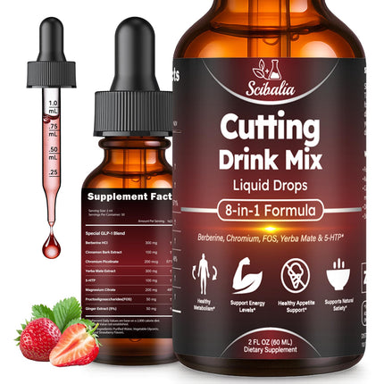 Scibalia Cutting Mix Drink Liquid Drops, Metabolism & Satiety Support w. Berberine Yerba Mate Magensium Chromium FOS & 5-HTP for Energy & Gut Health, Strawberry Acai Flavor 30 Servings