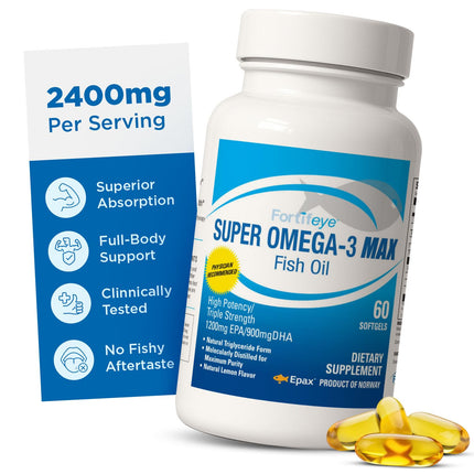 Fortifeye Super Omega-3 Max Fish Oil - 60 Count - Quadruple Strength Ultra-Pure rTG Omega-3-2400mg EPA + DHA in 2 Softgels - Expertly Concentrated & Purified in Norway from Wild Fish - Lemon Flavor