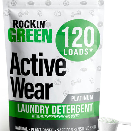 Rockin' Green Laundry Detergent, Plant based, All Natural Laundry Detergent Powder, Vegan and Biodegradable Odor Fighter, Safe for Sensitive Skin (Active Wear 120 Loads - Unscented)