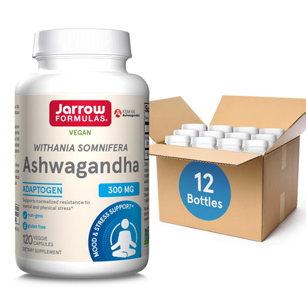 Jarrow Formulas Ashwagandha 300 mg - 120 Veggie Capsules - Overall Health & Resistance to Fatigue - Supplement Supports Endurance, Muscle Recovery & Cognitive Health - 60 Servings (Pack of 12)