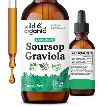 Wild & Organic Soursop Graviola Liquid Drops - Antioxidant & Digestive Support - Alcohol-Free Soursop Extract - Sugar-Free Guanabana Leaves Tincture - Vegan Graviola Leaf Extract Supplement - 2 fl oz