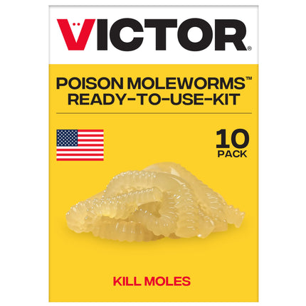 Victor Poison Moleworms - M6009 - 10 Worms, 5 Tunnel Locator Flags - Kills Moles Outdoors