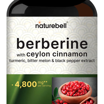 NatureBell Berberine with Ceylon Cinnamon Complex 4,800 mg** Per Serving, 240 Vegetarian Capsules | 5-in-1 Berberine HCl Supplement with Turmeric, Bitter Melon & Black Pepper Extract | Non-GMO