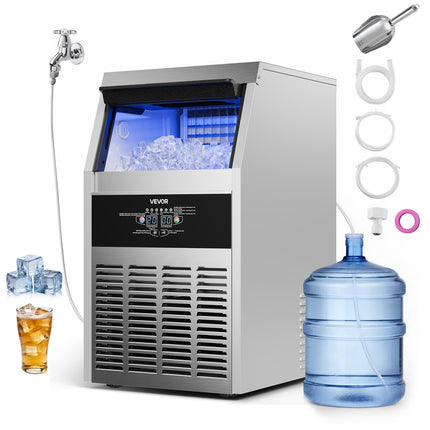 VEVOR Commercial Ice Maker Machine, 150 lbs/24h with 16-30 lbs Storage Capacity, Built-in/Freestanding/Under Counter, Stainless Steel Ice Maker with LED Display & Self-Cleaning, Home Bar Restaurant