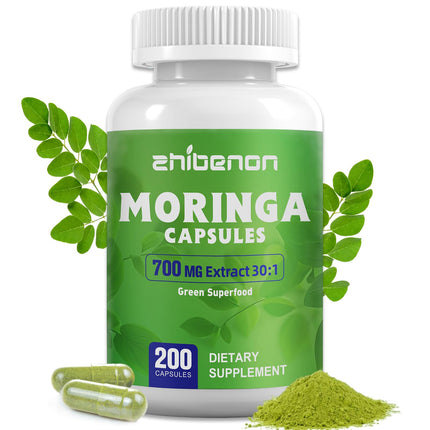 Zhibenon Moringa Oleifera Extract 700mg per Serving | 200 Capsules (100 Servings) | 30:1 Concentrated Extract | Antioxidant Support for Energy & Immune Health | Non-GMO