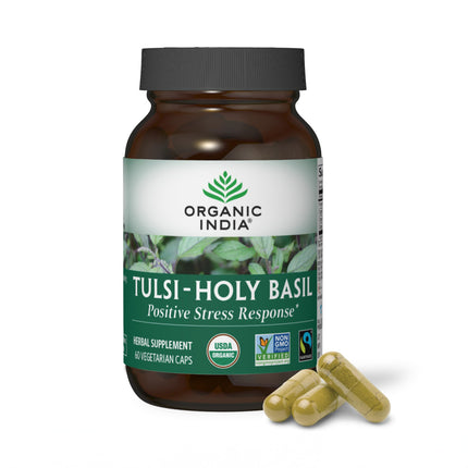 ORGANIC INDIA Tulsi Holy Basil Capsules - Holy Basil Leaf Supplement, Herbal Extract Supplement, Immune Support, Stress Relief, Vegan, Gluten-Free, Kosher, Organic, Non-GMO - 60 Capsules