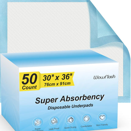 Wowflash Super Absorbency Disposable Leakproof Underpads with Quick Drying for Baby, Adults, Puppy, Dog Bed Pee Pads, Extra Large, XXL Incontinence Pads, 30” x 36”, 50 Count
