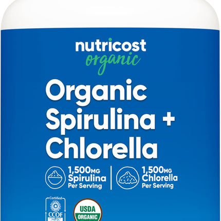 Nutricost Organic Spirulina + Chlorella (3,000mg) 180 Tablets - USDA Organic, 1,500mg Spirulina, 1,500mg Chlorella, Vegan, GMO-Free, Gluten-Free, 30 Servings