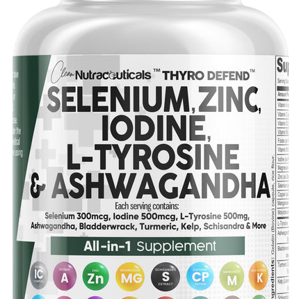 Clean Nutra Selenium 300mcg Iodine 500mcg Thyroid Support for Women & Men | L Tyrosine 500mg Ashwagandha Supplement Bladderwrack, Turmeric, Kelp, Schisandra Zinc Pills Capsule Supplements