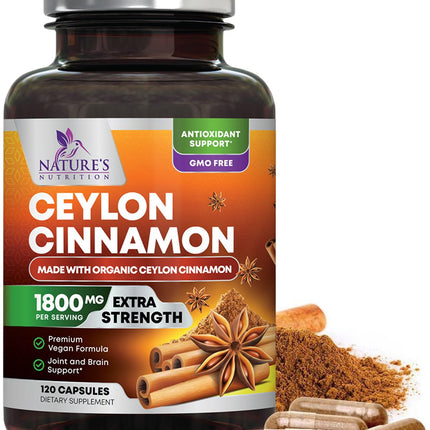 Organic Ceylon Cinnamon Capsules - Extra Strength Certified Organic Ceylon Cinnamon 1800mg Per Serving Supplement Pill - Energy & Heart Support Antioxidant for Women & Men, Bottled USA - 120 Capsules