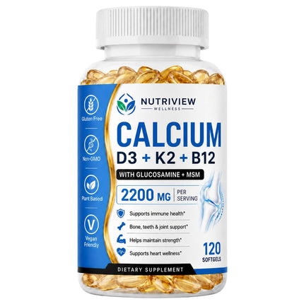 KBOWQ Nutriview Calcio D3 K2 B12 Softgels, 2200mg Calcium Supplement with Vitamin K2, D3, B12, Glucosamine &Chondroitin, Bone, Teeth & Muscle Function Support, Non-GMO, 120 Softgels