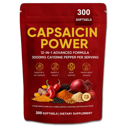 GXSAE Capsaicin Power - Cayenne Pepper Softgels Supplement, Supports Leg Vein, Digestive & Gut Health, with Vitamin D3+K2, Beetroot, Grape Seed and Other Extracts, 300 Capsules (1)