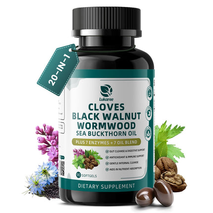 Lukaree Wormwood Black Walnut Clove Cleanse for Humans Softgels, 20-in-1 Extra Strength | Gut Cleanse & Digestive Health w/ 7 Oils & 7 Enzymes | Concentrated, Men & Women Natural Herb - 90 CT