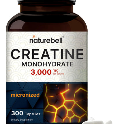 NatureBell Creatine Monohydrate Capsules 3,000mg Per Serving, 300 Count | Micronized, Unflavored Creatine Pills | Pre-Workout & Muscle Strength Support | Easy to Swallow, Filler-Free | 50 Servings