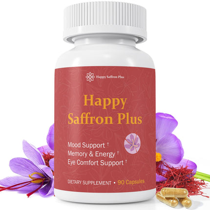Happy Saffron Plus - Saffron Supplement for Mood, Focus, Energy Support, Organic Saffron Extract with Curcumin & Zinc, High Absorption, 90 Vegan Capsules
