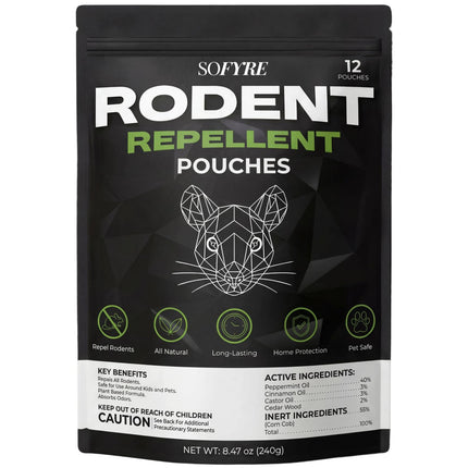 SoFyre Rodent Repellent Pouches 12-Pack Mouse Repellent for Home RV Garage Car Basement, Mice Indoor & Outdoor Deterrent, Peppermint Cinnamon Cedarwood Rat Repellent, Plant-Based Natural Pest Control