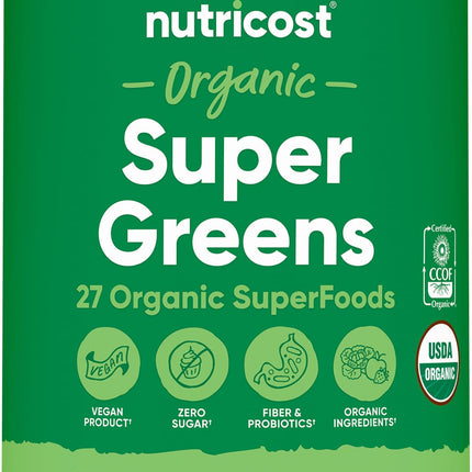 Nutricost Organic Super Greens Powder (30 Servings) - Superfood Supplement Drink Mix (30 Servings, No Flavor Added)