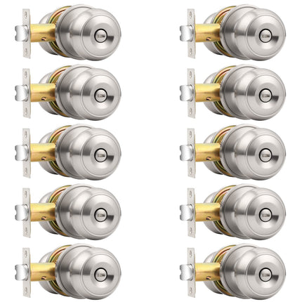 Probrico Brushed Nickel Bed/Bath Door Knobs, Satin Ball Door Knob, Interior Door Knobs for Bedroom Bathroom, Privacy Function, 10 Pack