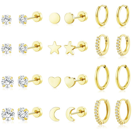 adoyi Gold Hoop Earrings Set for Women Hypoallergenic Surgical Steel Earrings for Women Sensitive Ears, 14K Gold Plated Flat Back Studs Stainless Steel Mini Hoops Earring Lightweight Jewelry