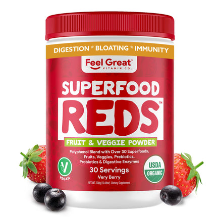 Feel Great Organic Superfood Reds Powder Packed with Beet Root Powder | Digestive Support Including Bloating Relief | Fruit and Veggie Polyphenols Supplement.