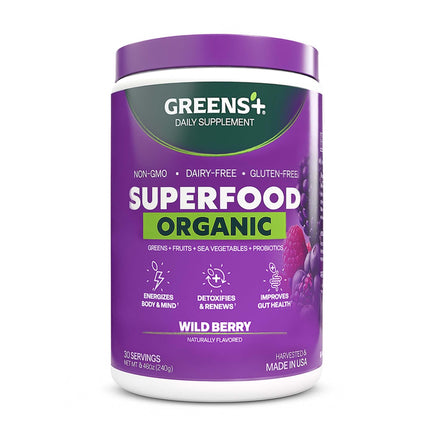 Greens+ Organic Wild Berry Superfood Powder, Antioxidant Polyphenol, Blend for Morning Kick, Energy, Vitality Boost, Nutrition, Vibrant Health, Dietary Supplement, Vegan Soy/Dairy/Gluten Free(8.46oz)