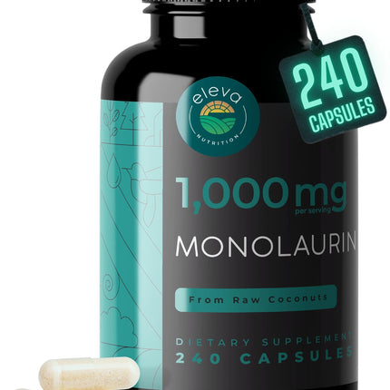 Monolaurin 1000mg Capsules — Made with Pure Glycerol and Lauric Acid from Raw Coconut — Natural Vegans- Non-GMO and Soy Free — 240 Capsules