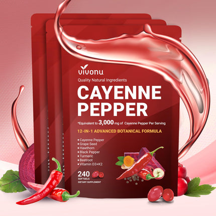 VivoNu Cayenne Pepper Softgels Supplement, Supports Leg Vein, Heart and Blood Vessel Health, with Vitamin E D3+K2 and Extracts of Grape Seed, Hawthorn, Beetroot, Berberine and Other