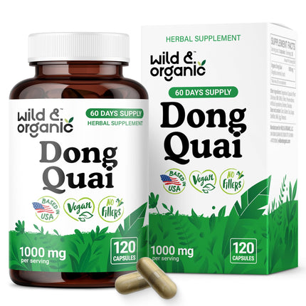 Wild & Organic Dong Quai Capsules 1000 mg - Menopause Supplements for Women - Dong Quai Supplement for Women - Angelica Root Herb - 60-Day Supply - Non-GMO, Vegan, Gluten-Free - 120 Count