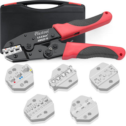 Plustool 6PCS Crimping Tool Set - Ratcheting Wire Crimper - for Heat Shrink, Insulated Nylon, Non-Insulated, Ferrule Terminal, Open Barrel Terminals & Solar Connectors