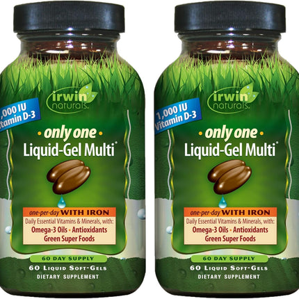 Irwin Naturals Only One Liquid-Gel Multi with Iron – 60 Liquid Soft-Gels – Complete Daily Nutrient Support - 2 Pack