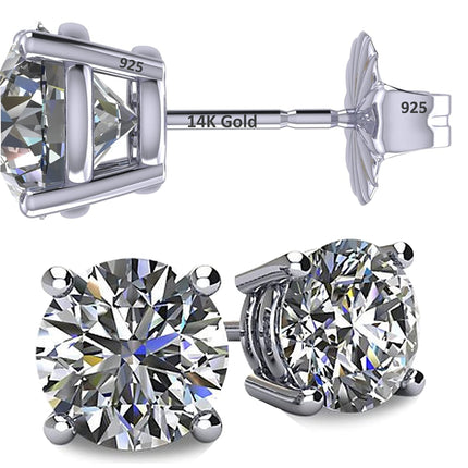 Central Diamond Center 14K Solid Gold Post & Sterling Silver Made with Swarovski 4 Prong CZ Stud Earrings - Platinum Plated - 5.25mm - 1.00cttw