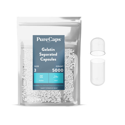 PureCaps USA - Empty Gelatin Capsules Size 3| 5,000 Separated Pills| Clear| Non-GMO Certified | SLS, Gluten, Preservative Free