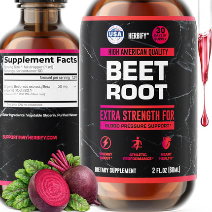 HERBIFY Beet Root Extract - Blood Pressure Supplement & Nitric Oxide Booster - Beetroot Supplement for Heart Health and Energy Booster for Men & Women (30 Days Supply) Made in USA 2 FL Oz