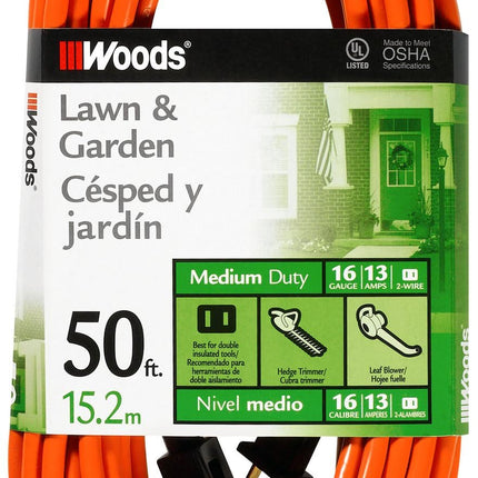 Southwire Woods 50ft Outdoor Extension Cord – Bright Orange, 16/2 Two-Prong – Durable SJTW Jacket for Landscaping & Light-Duty Power – Molded Plug
