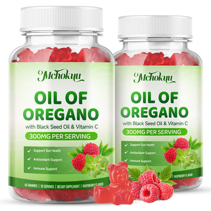 Mchokuu Oil of Oregano with Black Seed Oil, 2-in-1 Black Seed Oil Supplement for Women & Men Support Antioxidant Health, Sugar Free & Vegan Raspberry Herbal Gummies, 120 Count