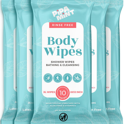 Body Wipes XL Shower Wipes Body Wipe for Adults Bathing, Traveling, Camping, Gym, Car, Elderly, Bedridden - Disposable Washcloths for Adults No Rinse 1 Box, 5 Pack (50 ct)
