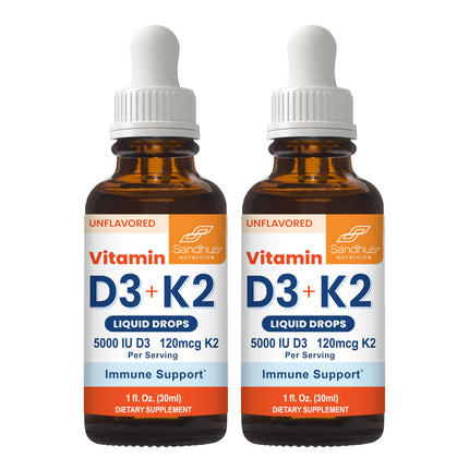 Sandhu's Vitamin D3 K2 Drops for Adults | 5000 IU D3 Liquid, 120mcg K2 Supplement 1 Fl Oz (Pack of 2) | D3K2 Supports Superior Absorption, Energy, Immune, Muscle Health for Men & Women