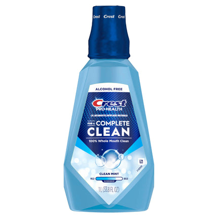 Crest Mouthwash Pro Health Complete Clean, CPC (cetylpyridinium chloride) Antigingivitis/Antiplaque, Alcohol Free, Clean Mint, 1 L (33.8 fl oz)