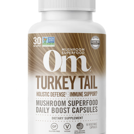Om Mushroom Superfood Turkey Tail Mushroom Capsules Superfood Supplement, 90 Count, 30 Days, Immune Support, Polysacchrides, Beta-Glucans, Gut Health & Holistic Defense Mushroom Supplement