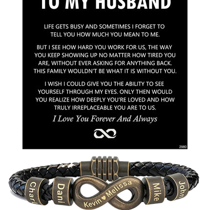 ziella Personalized Infinity Bracelet for Husband, Custom Braided Leather Bracelet with Engraved Name Beads, Anniversary Birthday Gift (9inch, Irreplaceable)