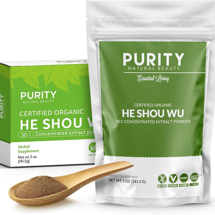 Purity Natural Beauty Certified Organic He Shou Wu - Large 5oz Bag of 30:1 Concentrated-Fo-ti - Organic Foti Extract- Fo ti He Shou Wu Organic-Plus Free Bamboo Spoon