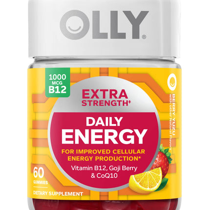 OLLY Extra Strength Daily Energy Gummy, Caffeine Free Cellular Energy Production,* 1000 mcg Vitamin B12, CoQ10, Goji Berry, Adult Chewable Supplement, Berry Yuzu Flavored, 30 Day Supply - 60 Count