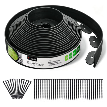 No Dig Durable Garden Landscape Edging Kit, 2" Tall Black Plastic Lawn Border for Landscaping, Flower Gardens, Lawn (100FT+ 120pcs Anchoring Spikes, Black)