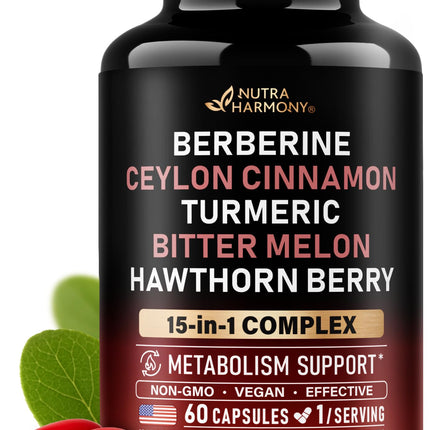 Berberine with Ceylon Cinnamon | Bitter Melon (Karela) | Apple Cider Vinegar | Hawthorn Berry | Citrus Bergamot | Turmeric - 15-in-1 Supplement for Heart Support, Metabolism & Energy - 60 Capsules