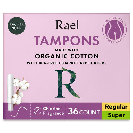 Rael Tampons, Compact Applicator Tampon Made with Organic Cotton, Multipack, Regular and Super Absorbency, BPA-Free, Chlorine-Free, Leak Locker Technology (36 Count, Bundle)