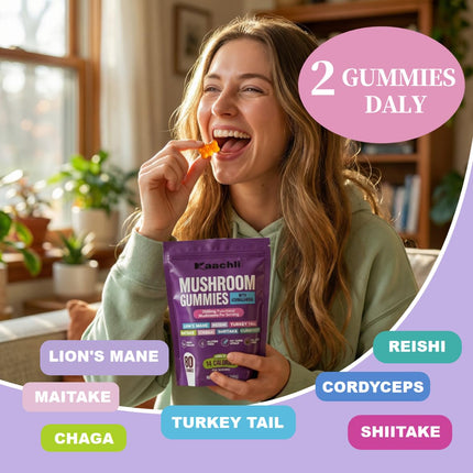 KAACHLI 1000mg Ashwagandha & Mushroom Gummies, with 8-Mushroom Blend (Reishi, Lion's Mane, Cordyceps). Supports Focus, Energy and Cognitive Boost,for Adults, 160 Count.