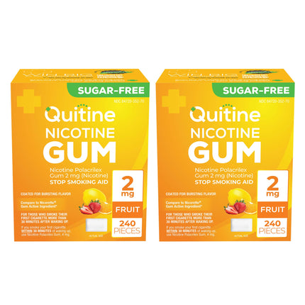 Quitine Nicotine Gum 2mg, Fruit Flavor, Stop Smoking Aid – Affordable NRT to Relieve Cravings | Coated for Quick-Burst Flavor, 480 Count (Pack of 2), Traditional Gum to Support Your Quit Journey